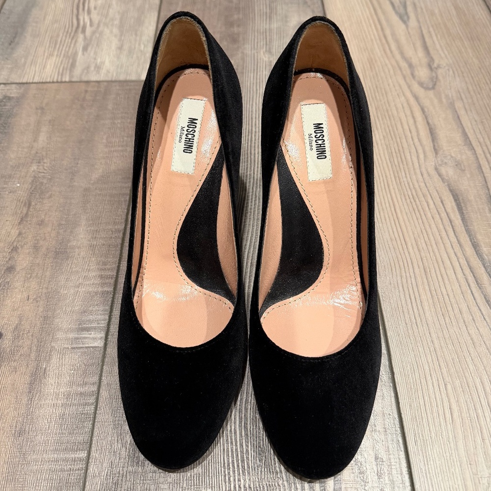 Moschino Black Velvet Heel with Logo Detail